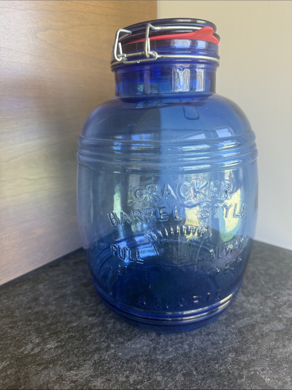 Cracker Barrel Cobalt Blue Glass 4 Quart Barrel Jar Wire Bale Lid Cookies Flour